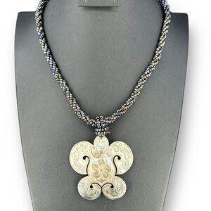 Mother Of Pearl Carved Large Turtle Pendant Beaded Braided Necklace 18"